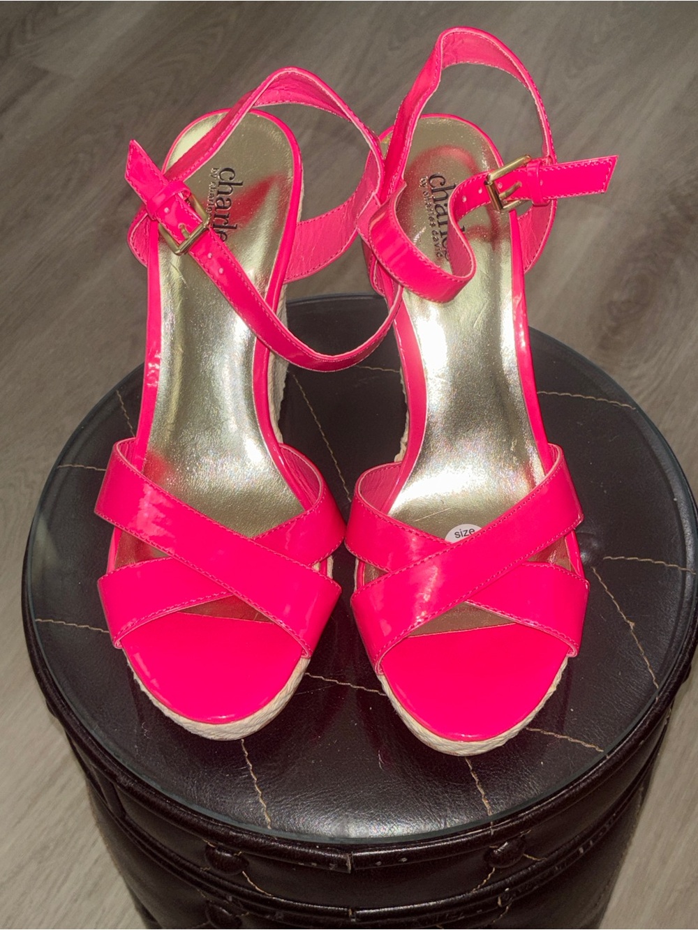 Charles by Charles David Neon Pink Patent Crisscross Wedge Sandals